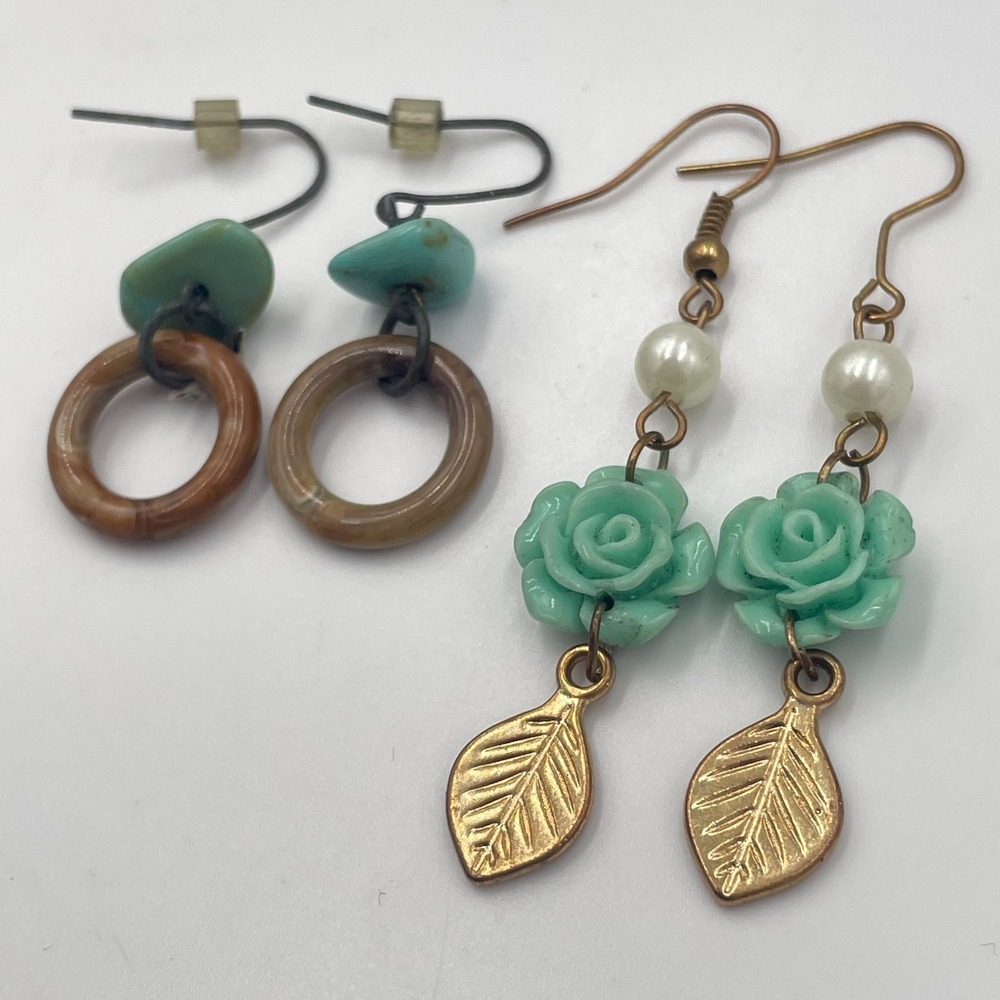 Vintage Boho Earrings Set Turquoise Tone Lucite Hoop Mint Rose Leaf Dangle Hook